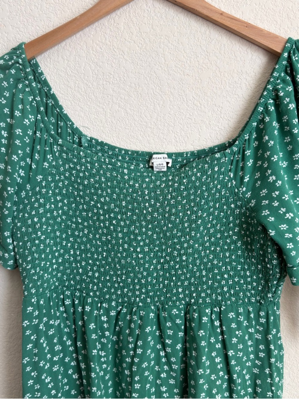American Eagle Floral Smocked Mini Dress Large Puff Sleeve Tie Detail Green - Picture 6 of 8